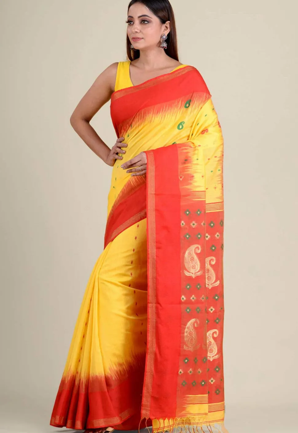 Woven Cotton Saree in Yellow