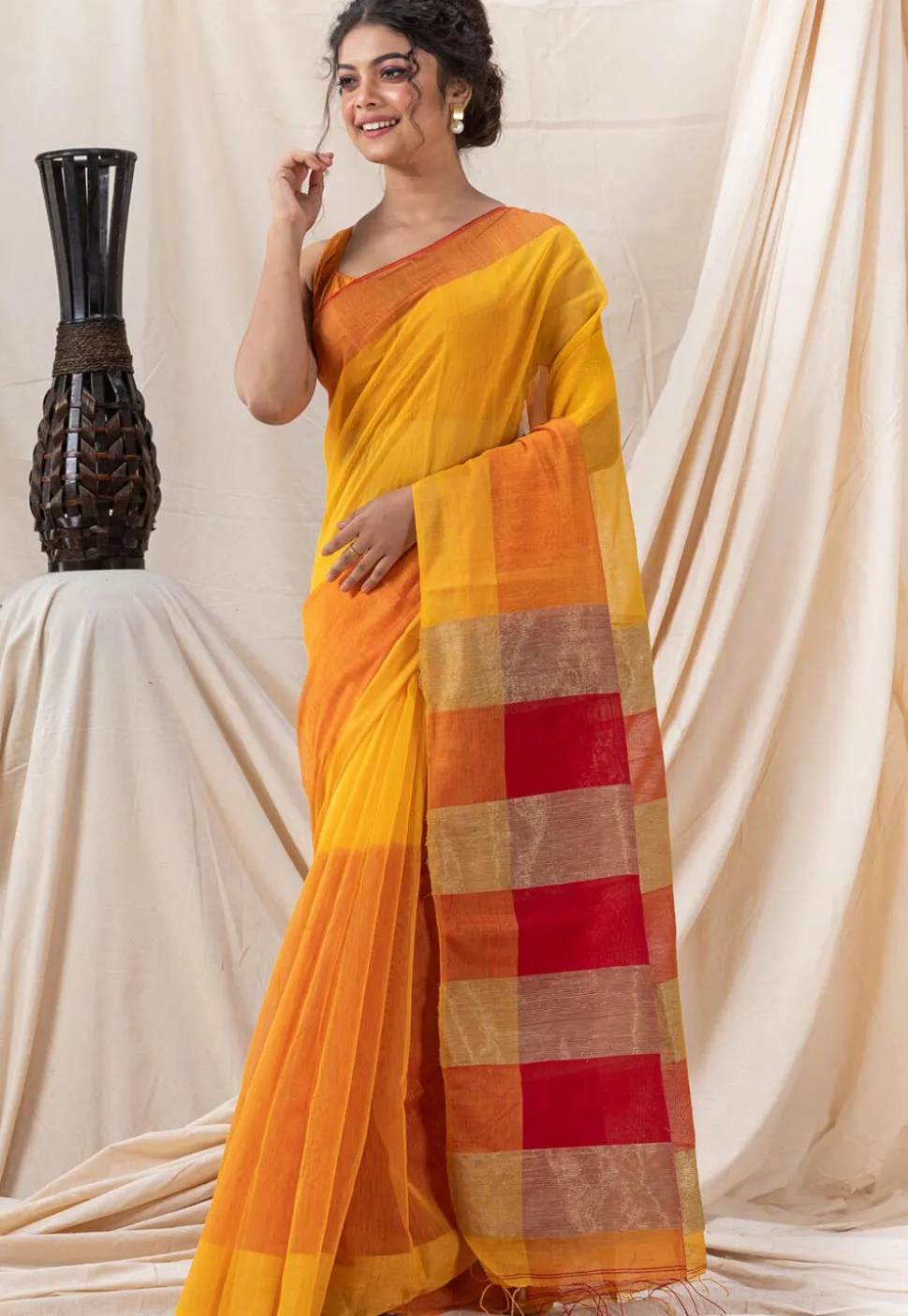 Woven Cotton Saree in Yellow and Orange