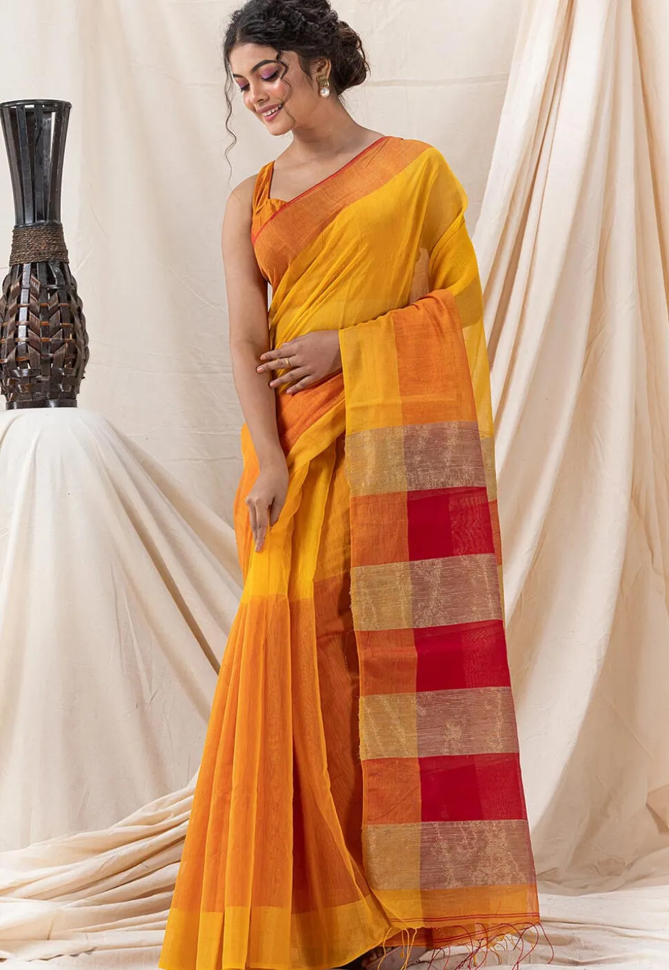 Woven Cotton Saree in Yellow and Orange