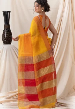 Woven Cotton Saree in Yellow and Orange