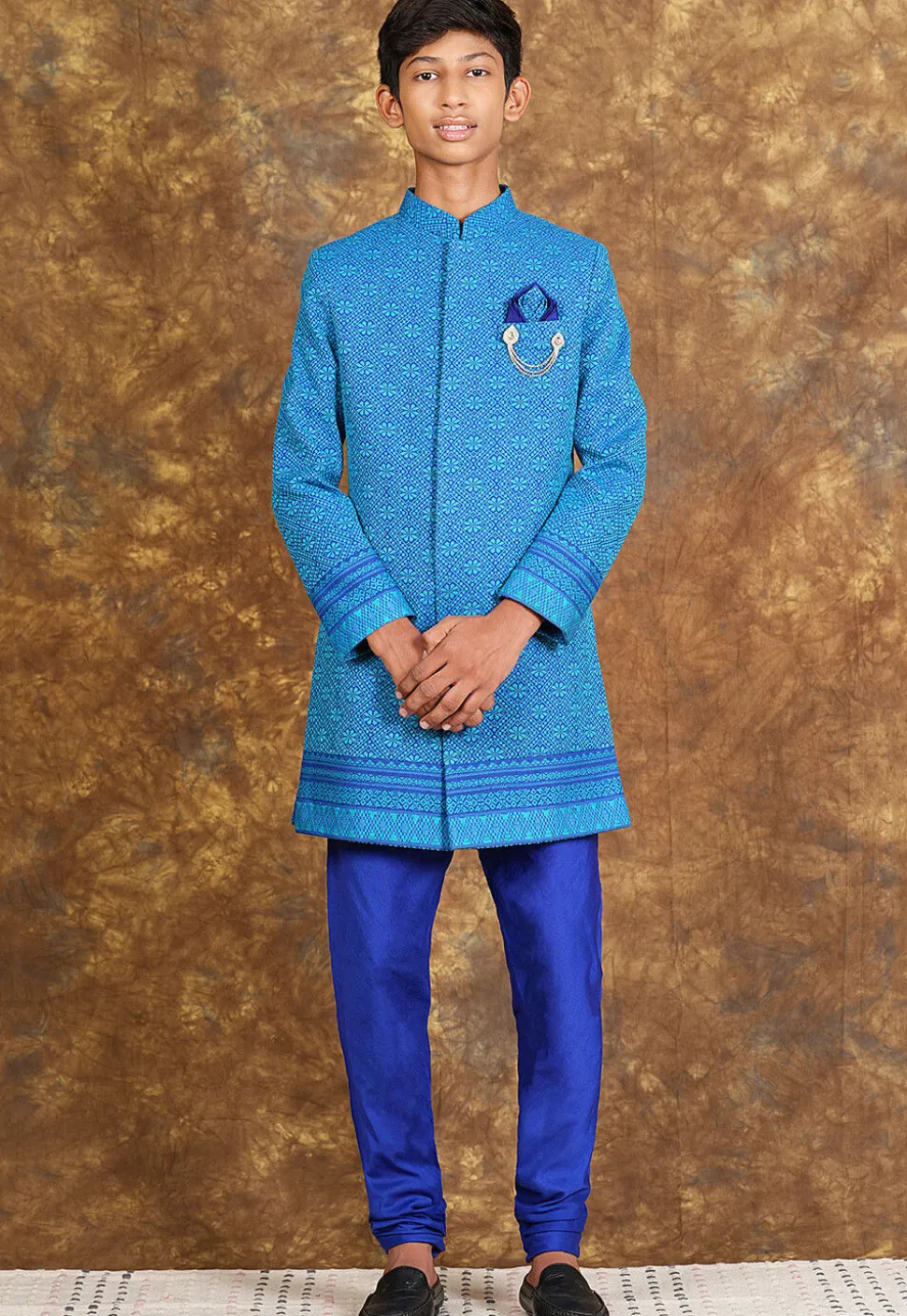 Woven Cotton Sherwani in Royal Blue
