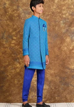 Woven Cotton Sherwani in Royal Blue