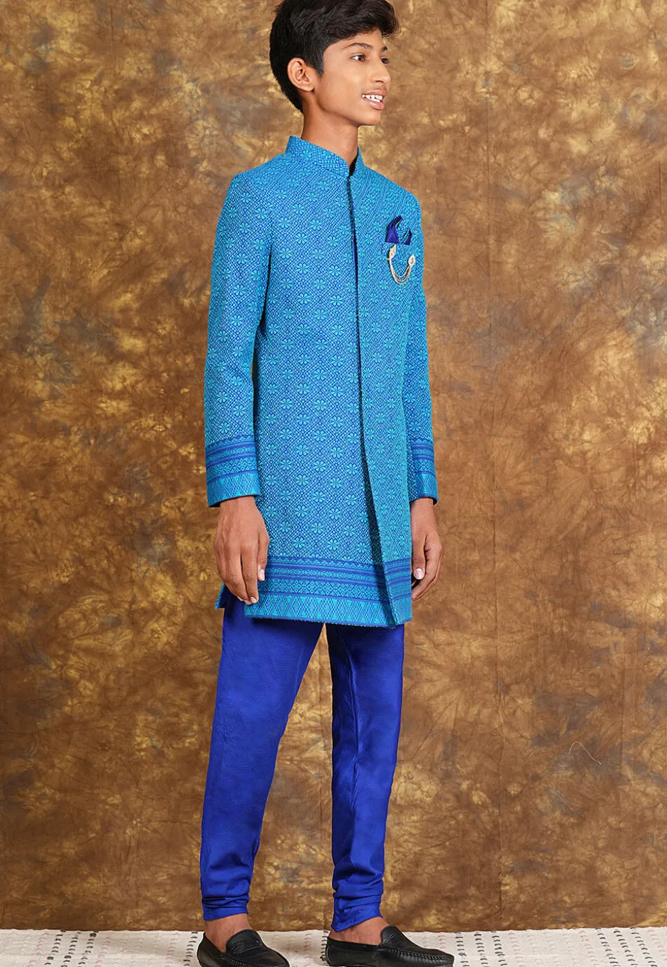 Woven Cotton Sherwani in Royal Blue