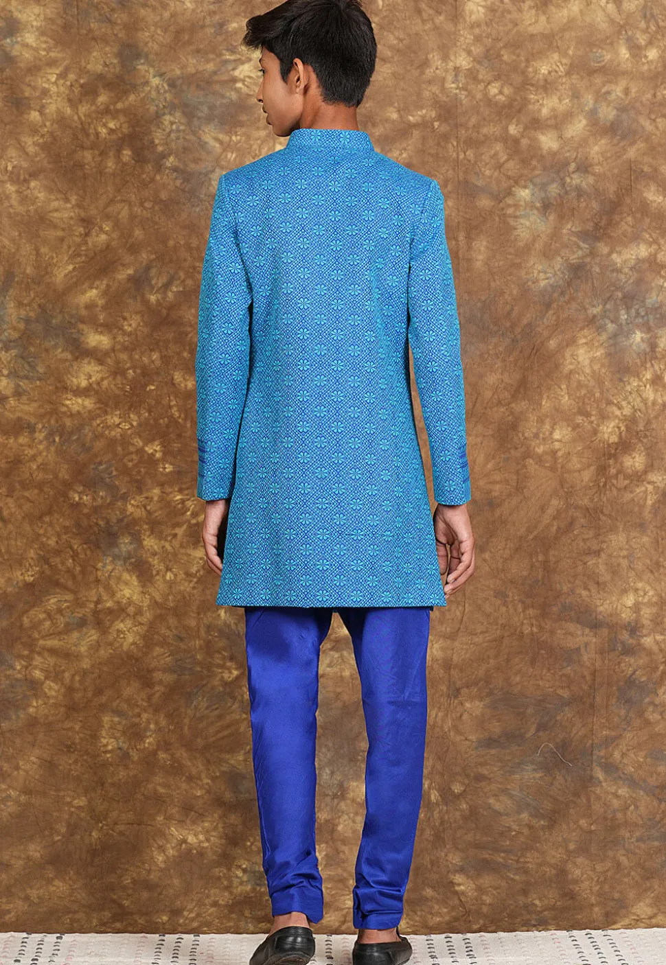 Woven Cotton Sherwani in Royal Blue