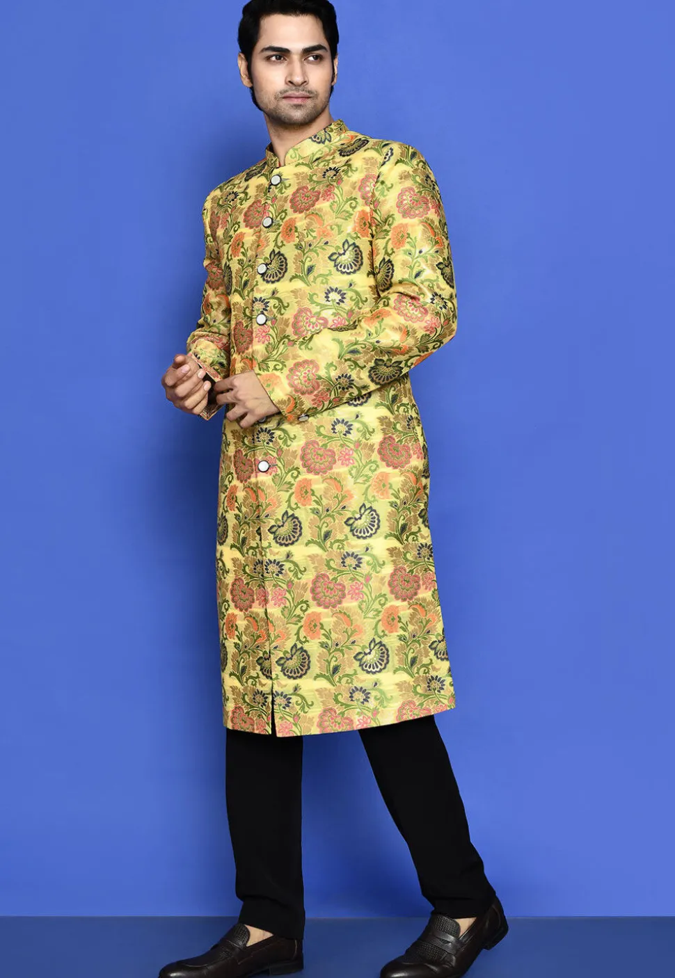 Woven Cotton Sherwani in Light Yellow