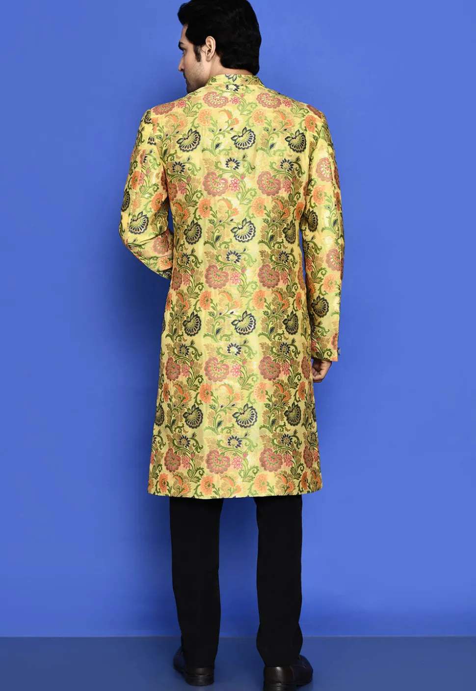 Woven Cotton Sherwani in Light Yellow
