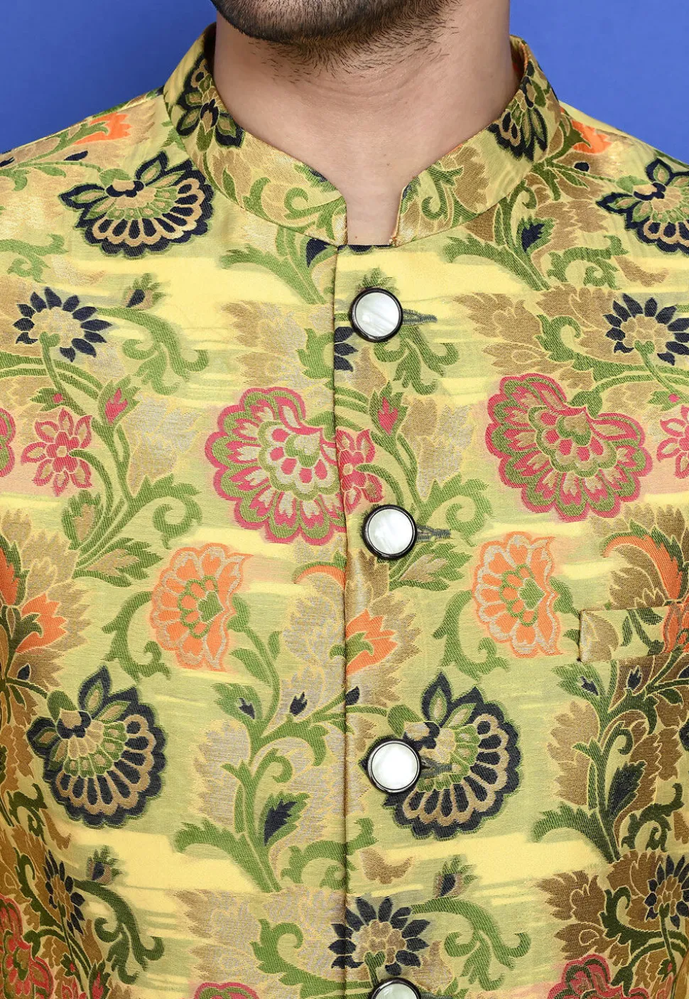 Woven Cotton Sherwani in Light Yellow