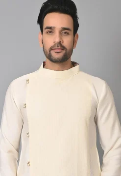 Woven Cotton Silk Asymmetric Kurta Dhoti Set in Off White