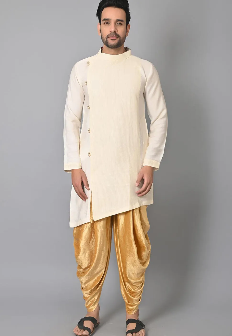 Woven Cotton Silk Asymmetric Kurta Dhoti Set in Off White
