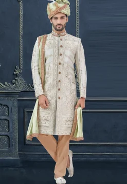 Woven Cotton Silk Jacquard Sherwani in Off White