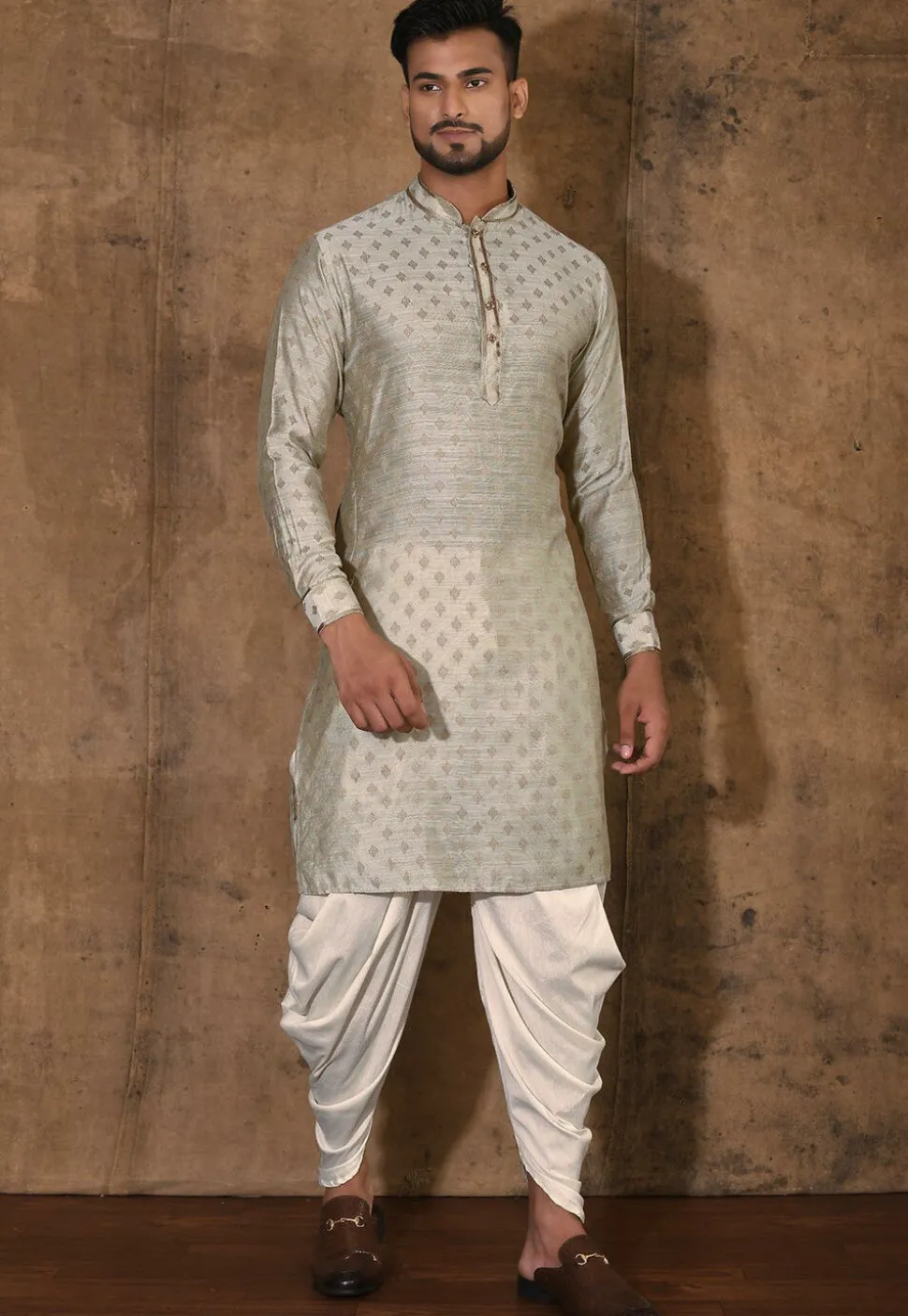Woven Cotton Silk Jacquard Kurta Set in Grey Dual Tone