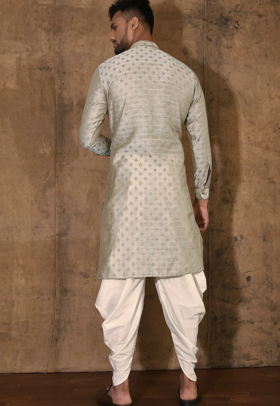 Woven Cotton Silk Jacquard Kurta Set in Grey Dual Tone