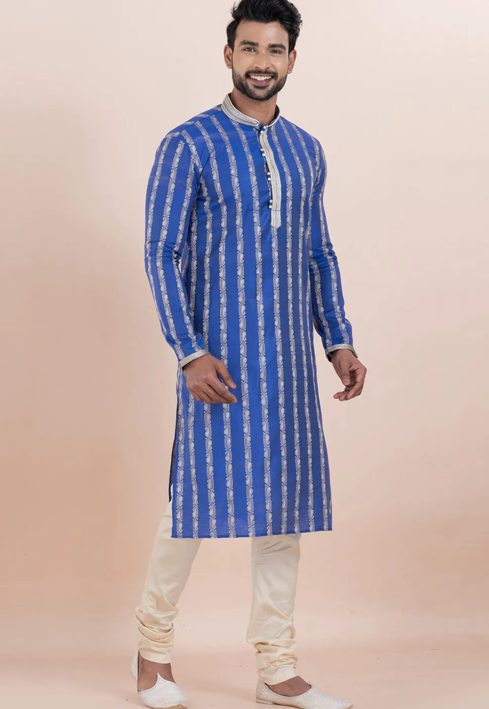 Woven Cotton Silk Jacquard Kurta Set in Royal Blue