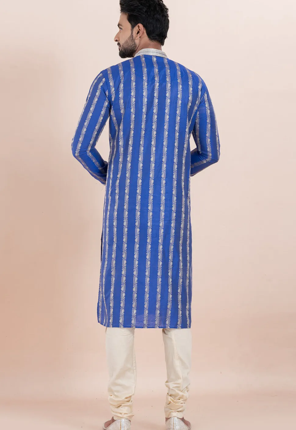 Woven Cotton Silk Jacquard Kurta Set in Royal Blue