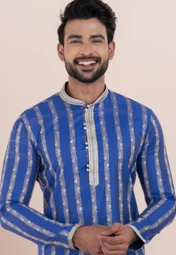Woven Cotton Silk Jacquard Kurta Set in Royal Blue