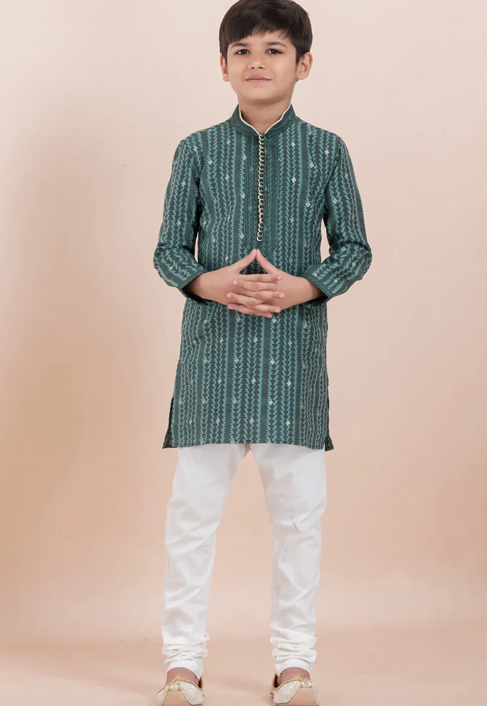 Woven Cotton Silk Jacquard Kurta Set in Green