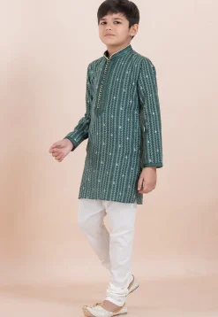 Woven Cotton Silk Jacquard Kurta Set in Green