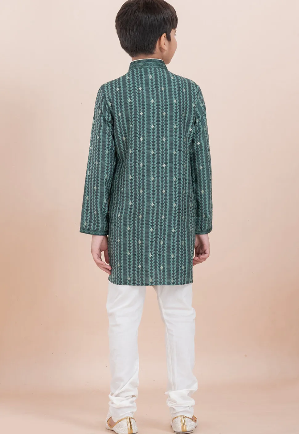 Woven Cotton Silk Jacquard Kurta Set in Green