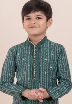 Woven Cotton Silk Jacquard Kurta Set in Green