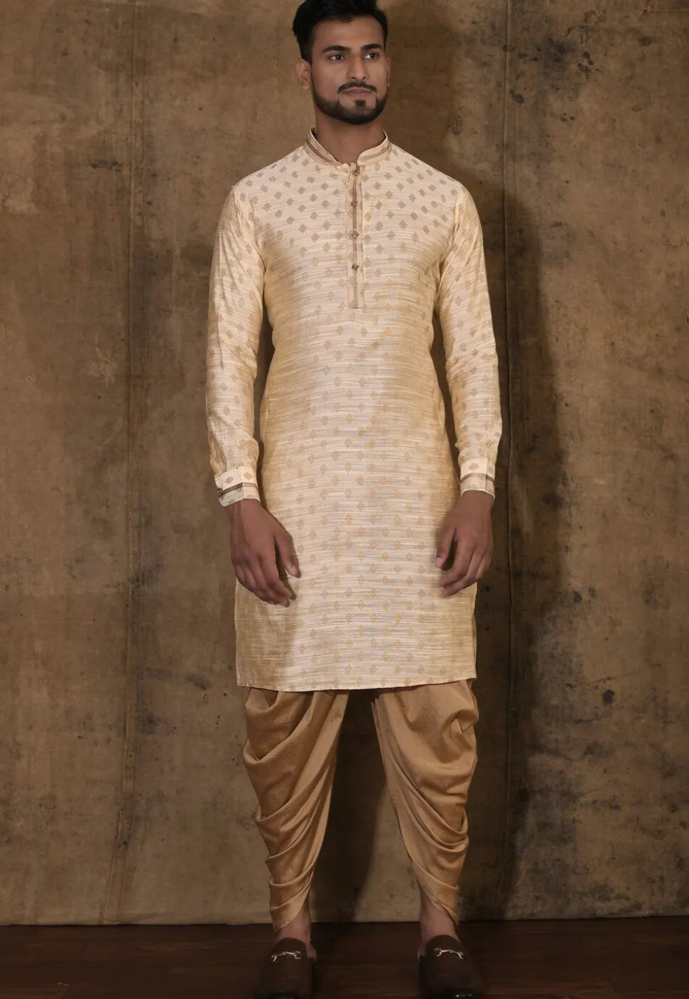 Woven Cotton Silk Jacquard Kurta Set in Beige