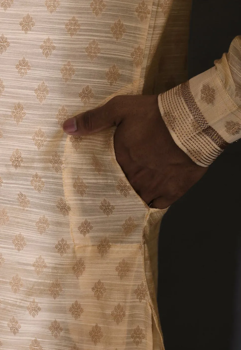 Woven Cotton Silk Jacquard Kurta Set in Beige