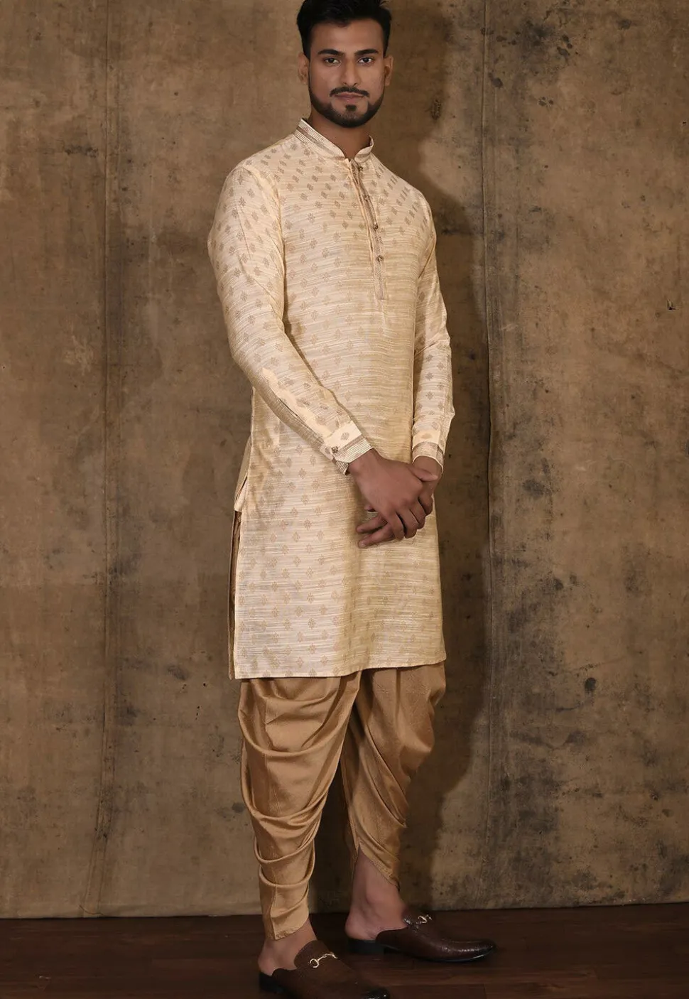 Woven Cotton Silk Jacquard Kurta Set in Beige