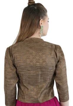 Woven Cotton Silk Jacquard Jacket Style Blouse in Brown