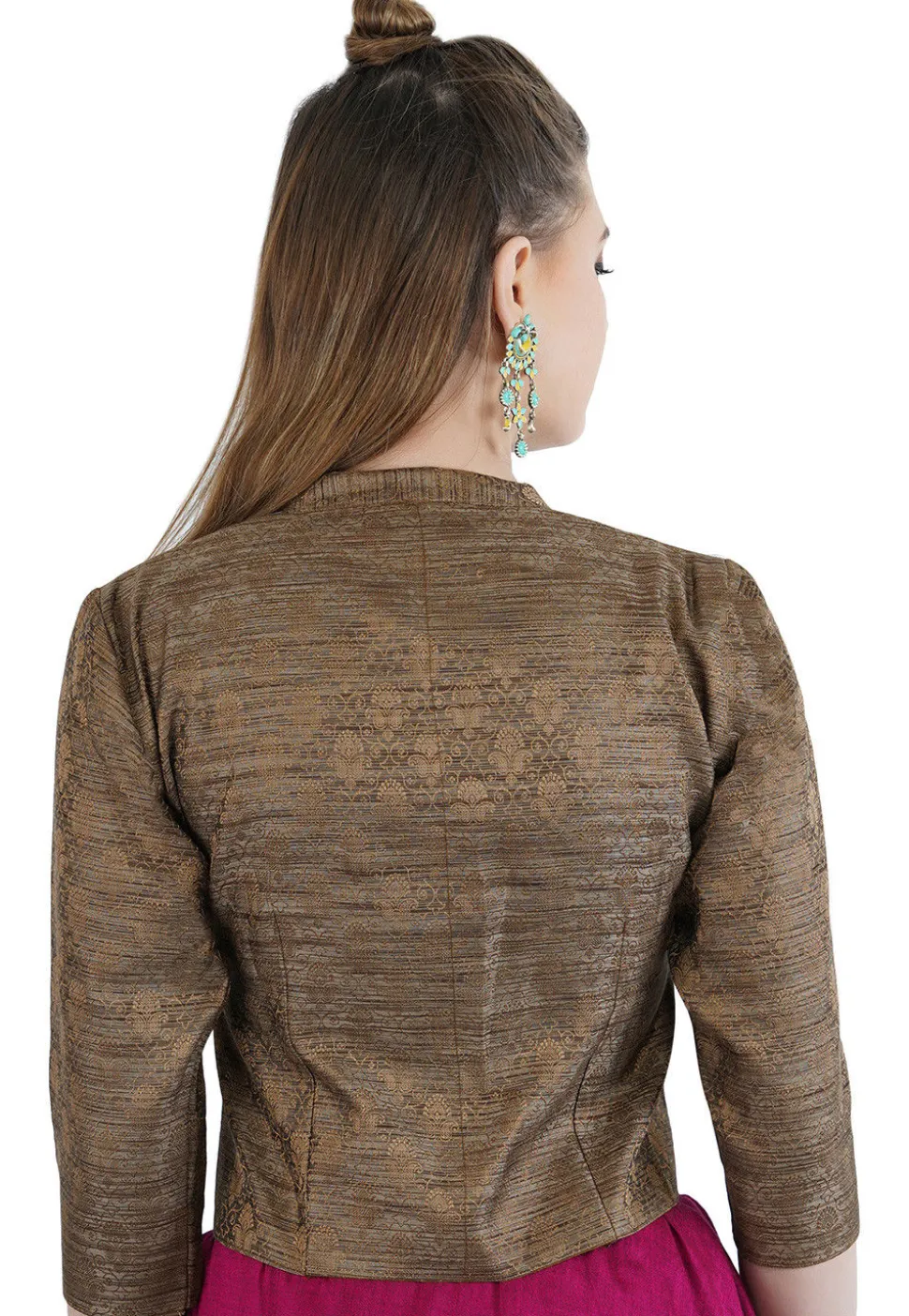 Woven Cotton Silk Jacquard Jacket Style Blouse in Brown