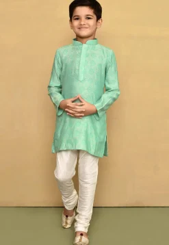 Woven Cotton Silk Jacquard Kurta Set in Sea Green