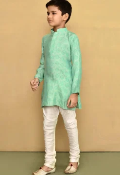Woven Cotton Silk Jacquard Kurta Set in Sea Green