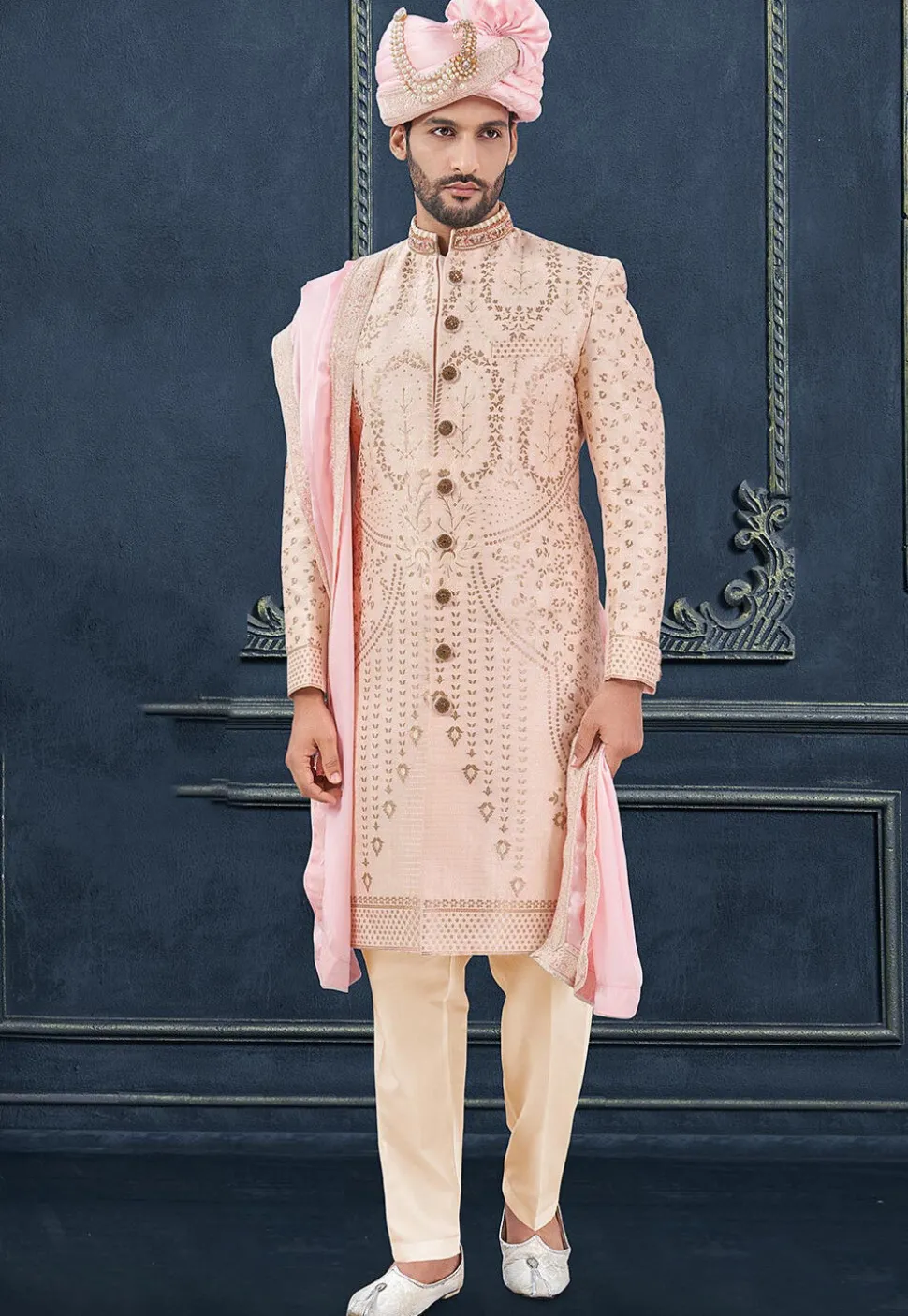Woven Cotton Silk Jacquard Sherwani in Peach