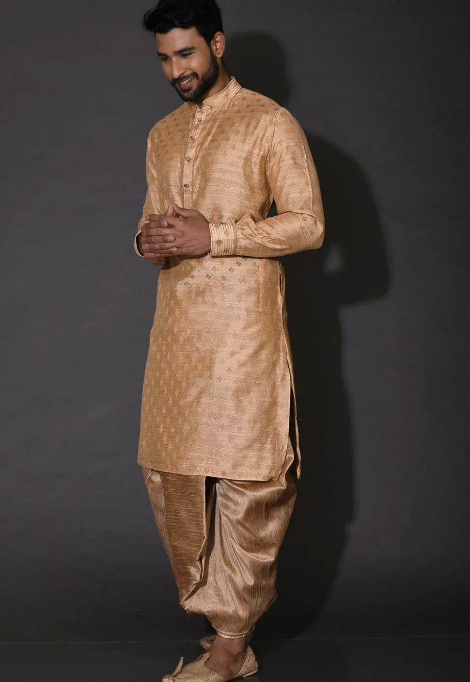 Woven Cotton Silk Jacquard Dhoti Kurta in Beige