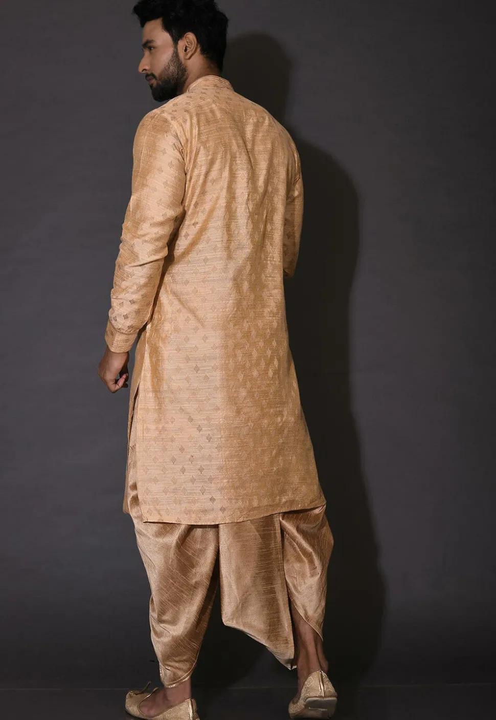 Woven Cotton Silk Jacquard Dhoti Kurta in Beige