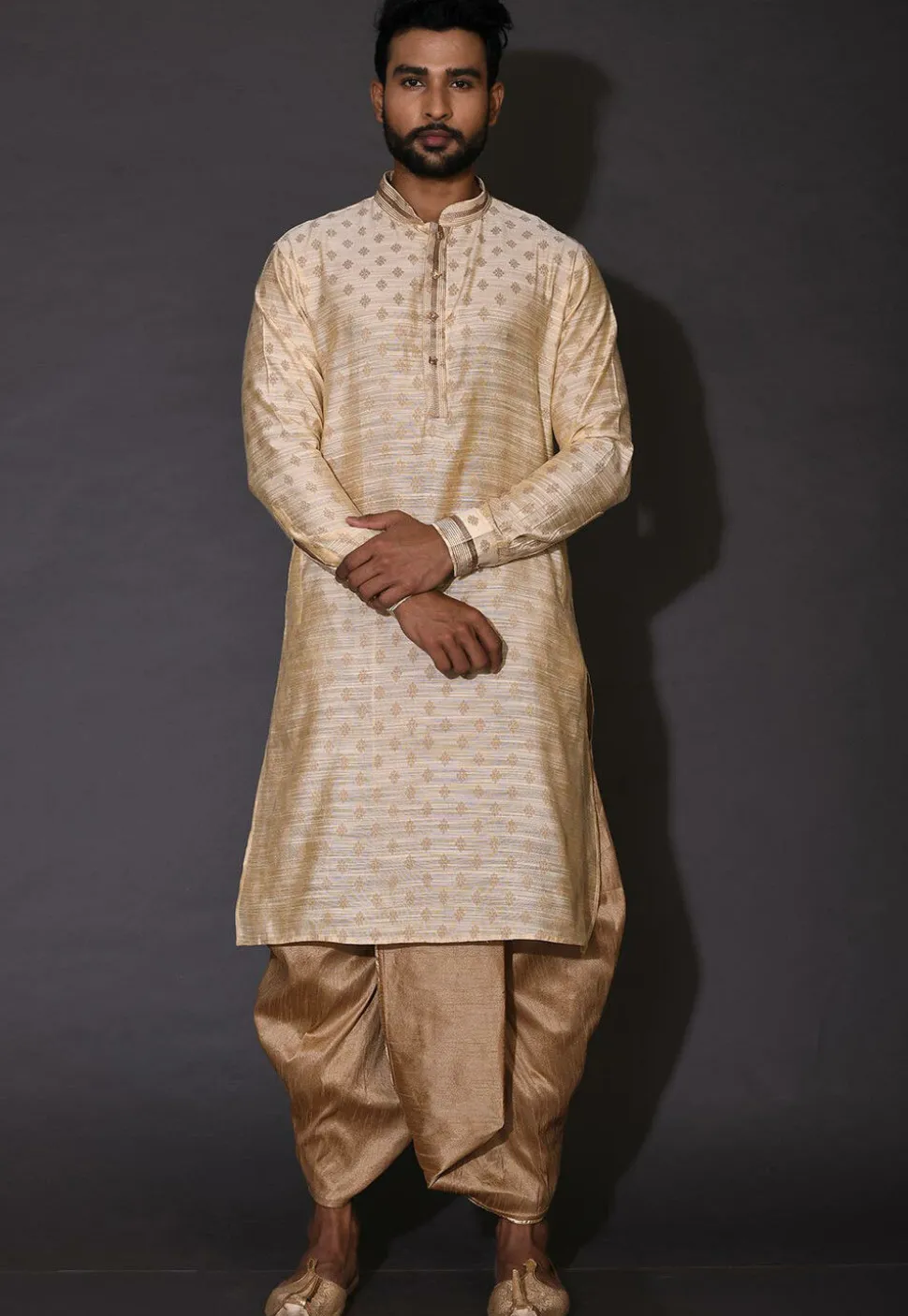 Woven Cotton Silk Jacquard Dhoti Kurta in Beige