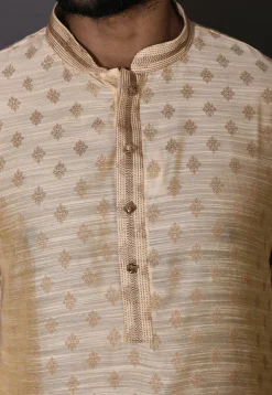 Woven Cotton Silk Jacquard Dhoti Kurta in Beige