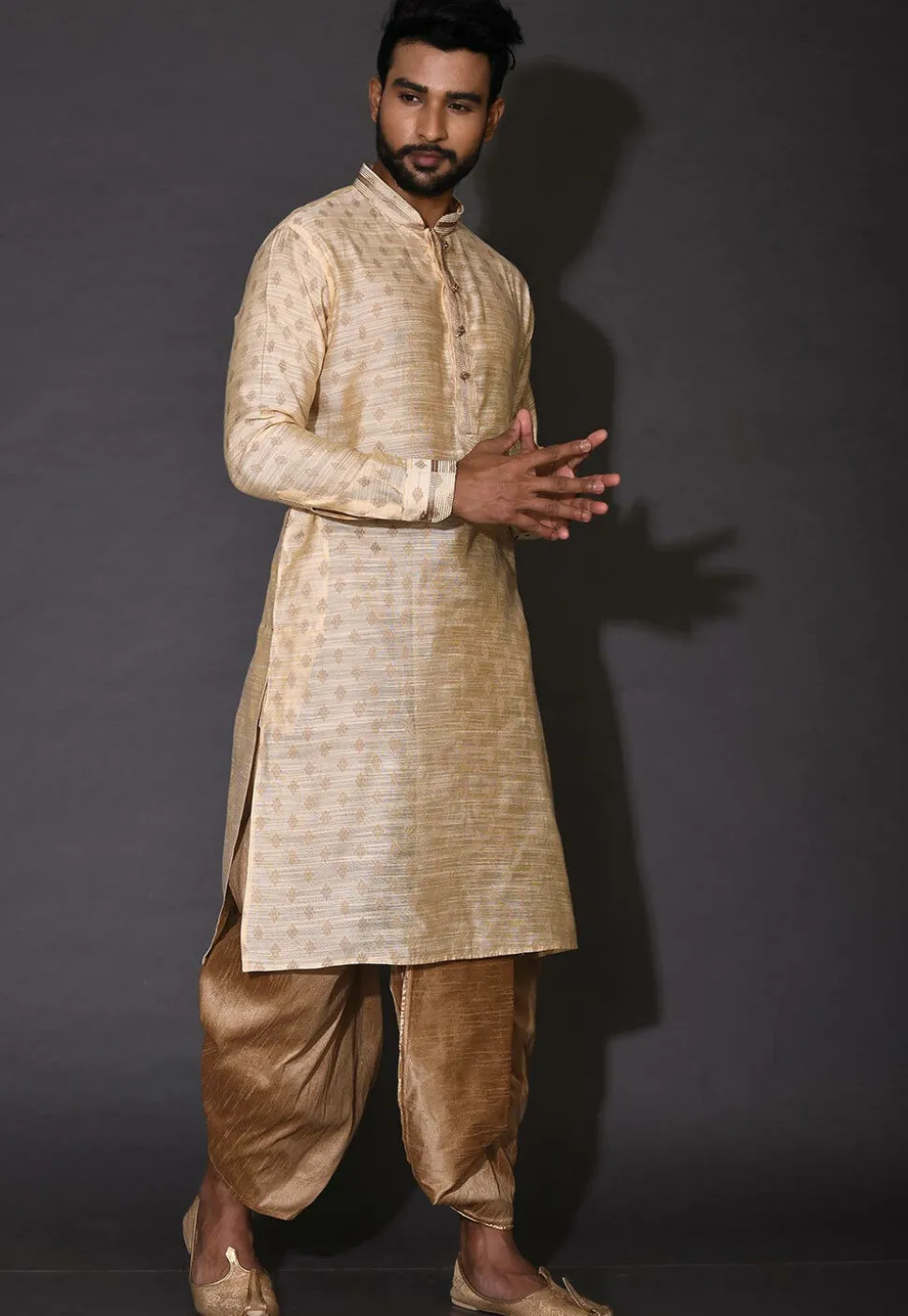 Woven Cotton Silk Jacquard Dhoti Kurta in Beige
