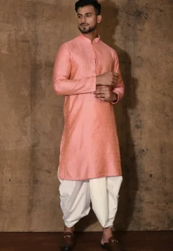 Woven Cotton Silk Jacquard Dhoti Kurta in Peach