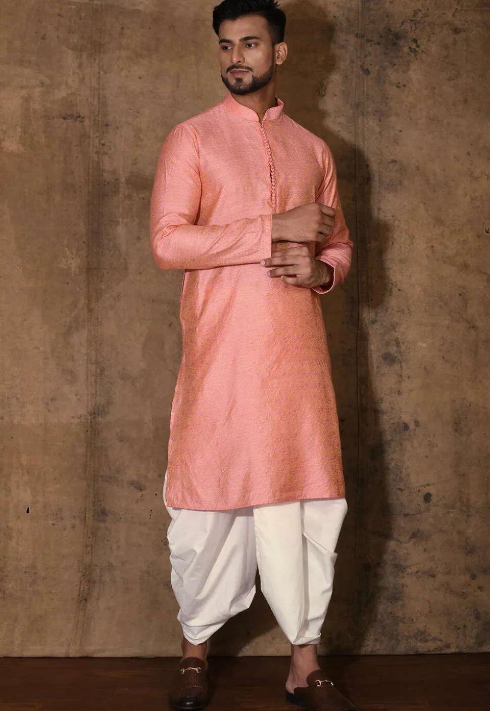 Woven Cotton Silk Jacquard Dhoti Kurta in Peach