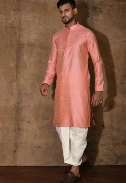 Woven Cotton Silk Jacquard Dhoti Kurta in Peach