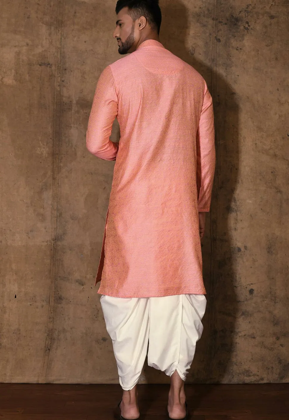 Woven Cotton Silk Jacquard Dhoti Kurta in Peach