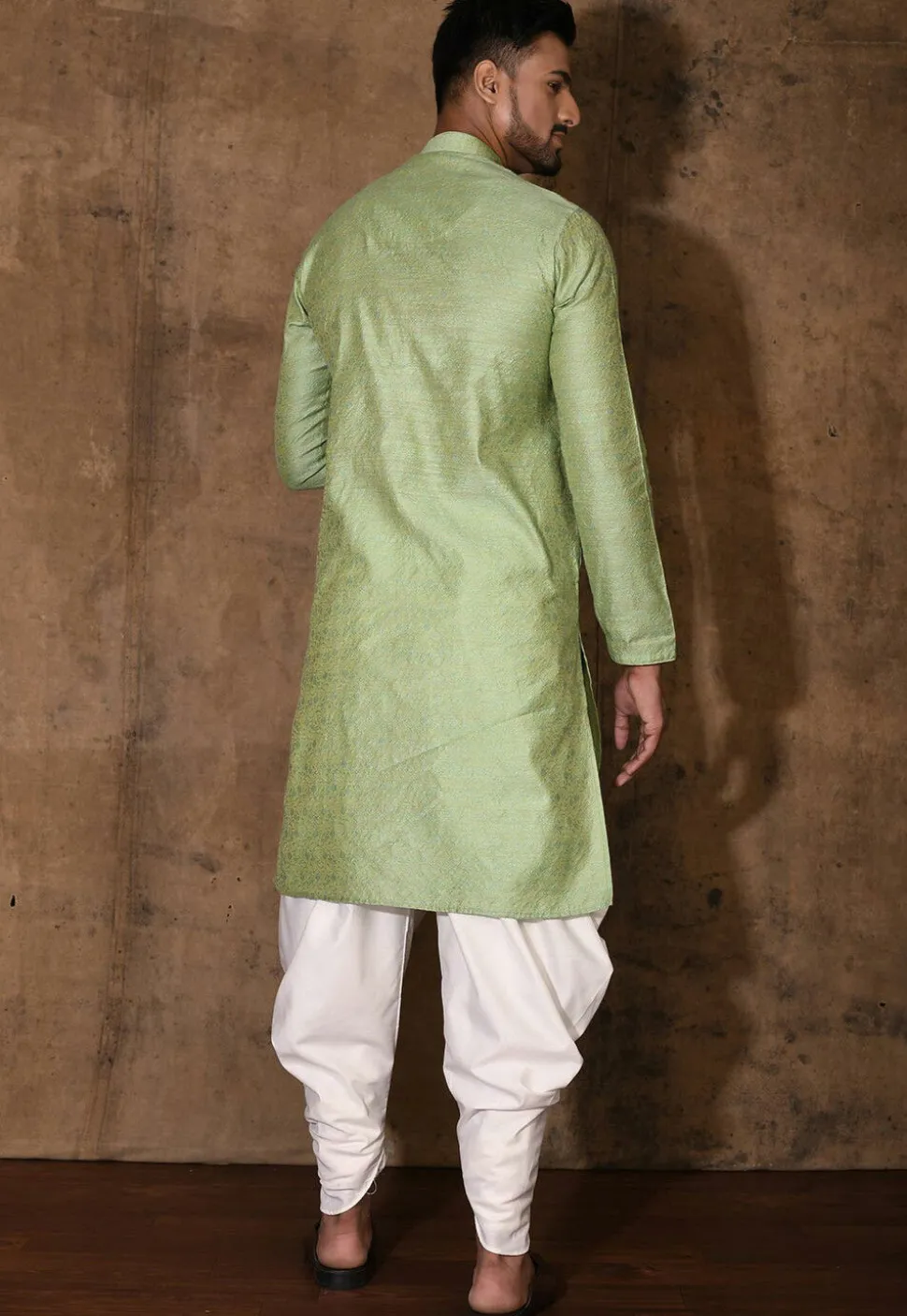 Woven Cotton Silk Jacquard Kurta Set in Light Green