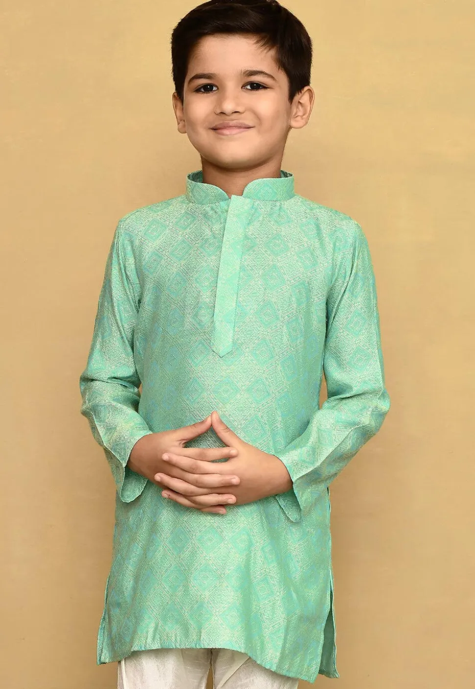 Woven Cotton Silk Jacquard Kurta in Sea Green