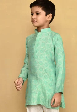 Woven Cotton Silk Jacquard Kurta in Sea Green