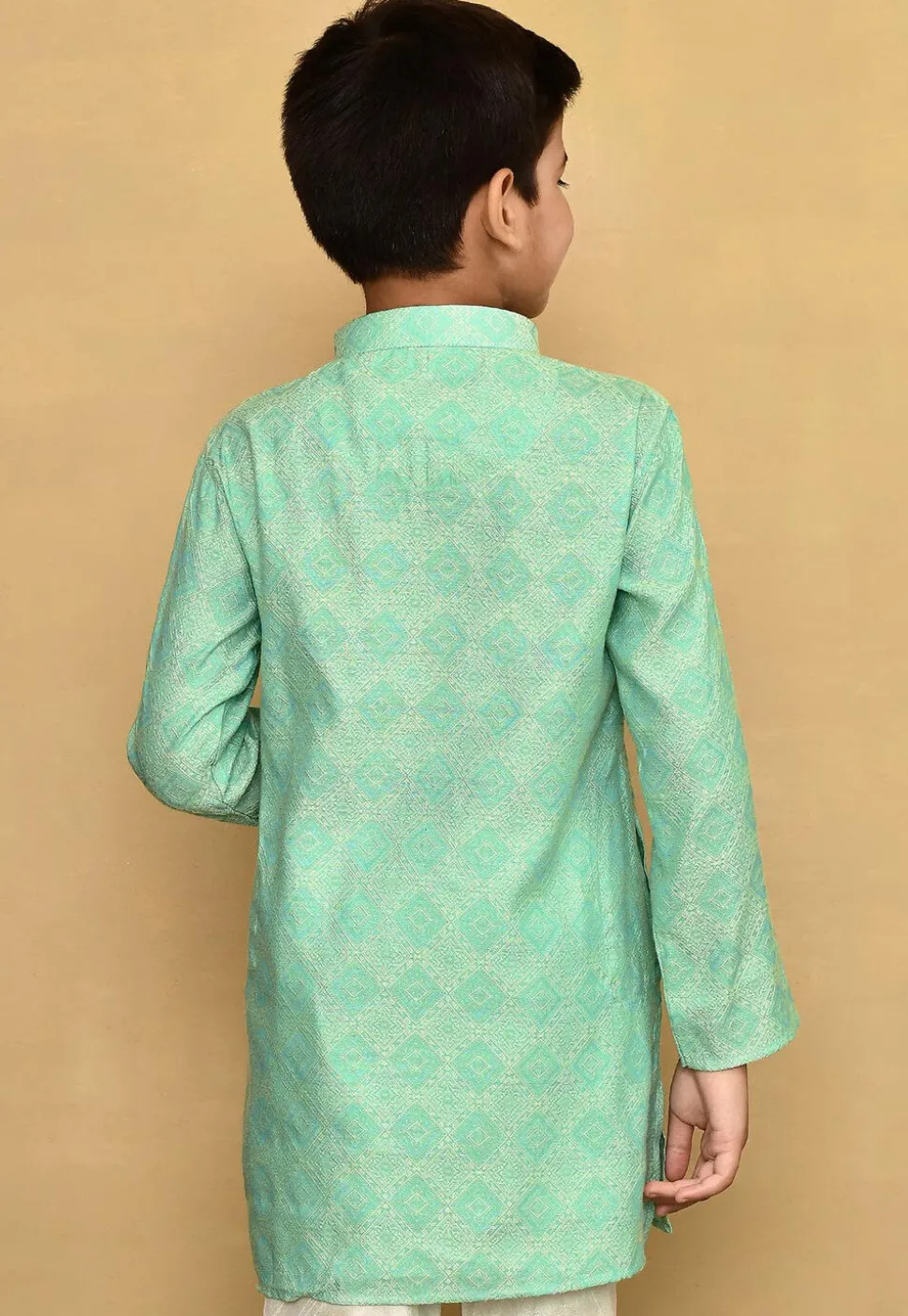 Woven Cotton Silk Jacquard Kurta in Sea Green