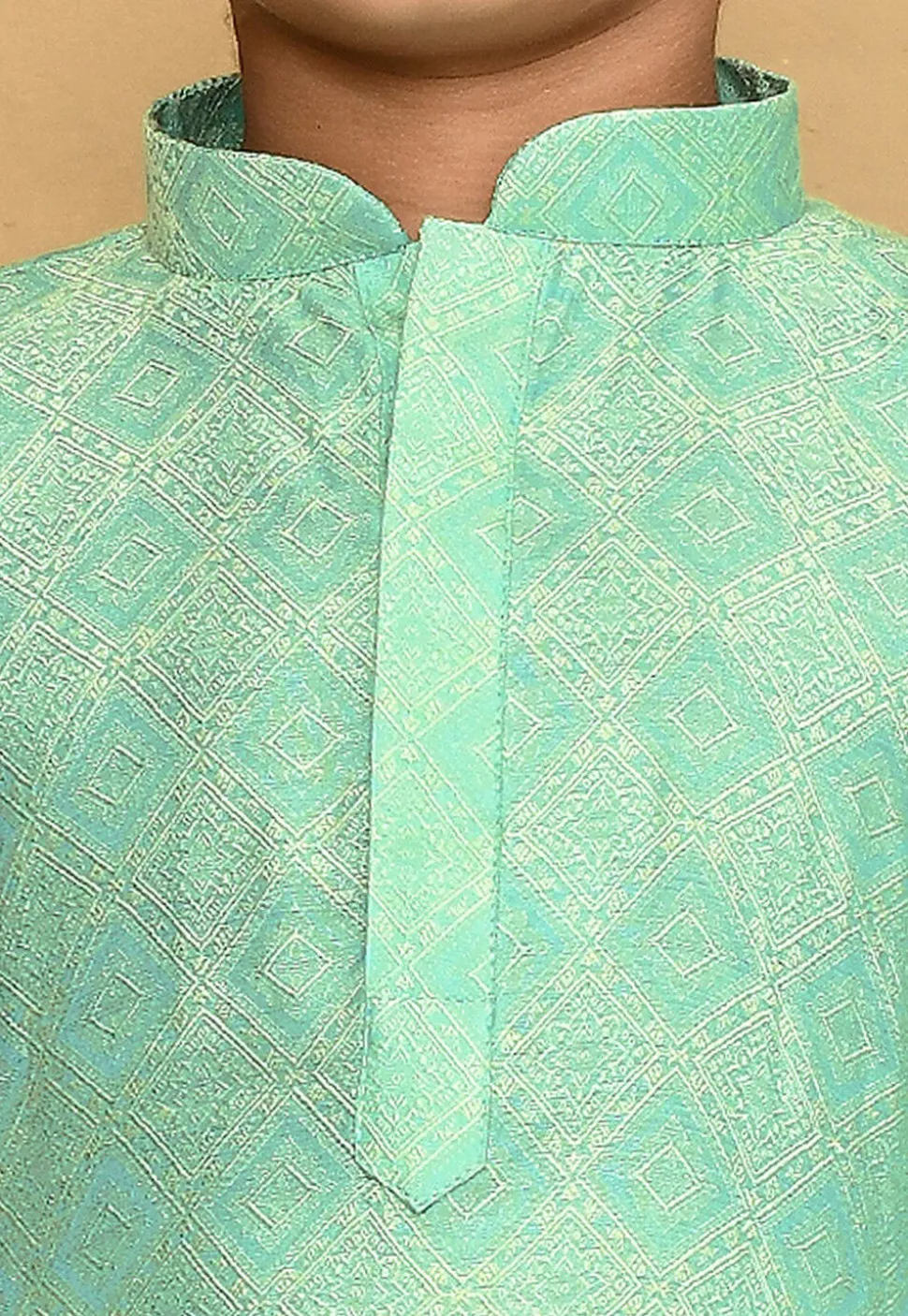Woven Cotton Silk Jacquard Kurta in Sea Green