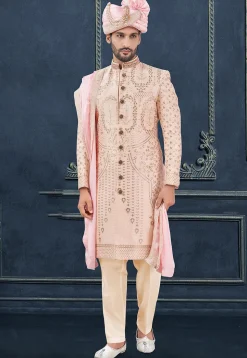 Woven Cotton Silk Jacquard Sherwani in Peach
