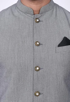 Woven Cotton Silk Jacquard Nehru Jacket in Grey