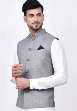 Woven Cotton Silk Jacquard Nehru Jacket in Grey
