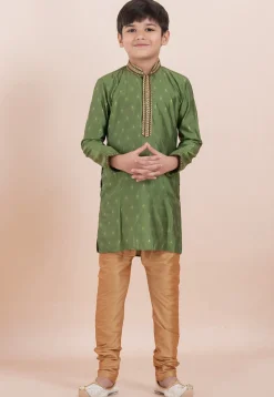 Woven Cotton Silk Jacquard Kurta Set in Olive Green