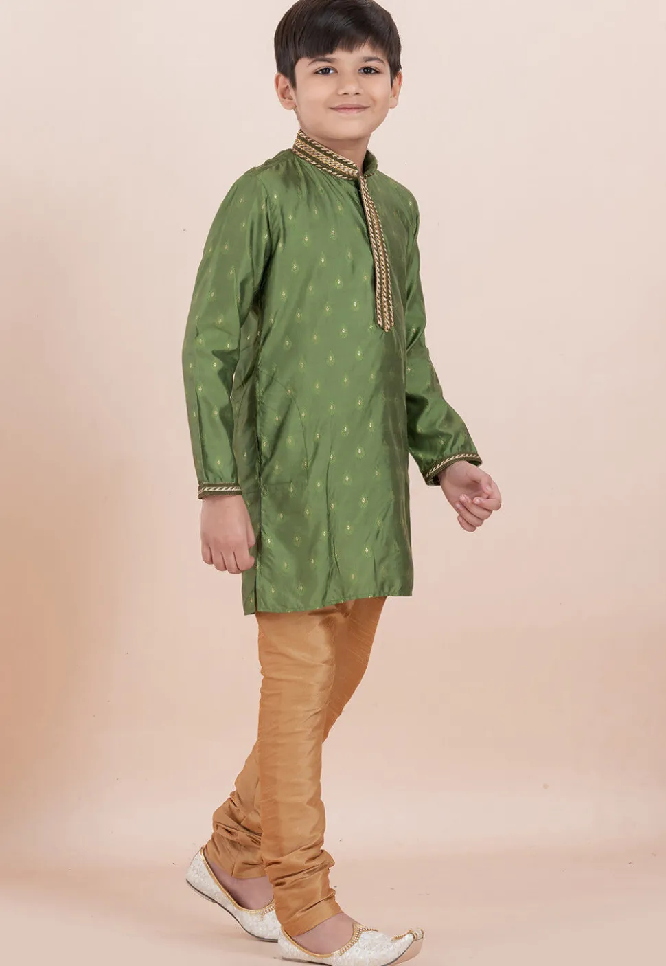 Woven Cotton Silk Jacquard Kurta Set in Olive Green
